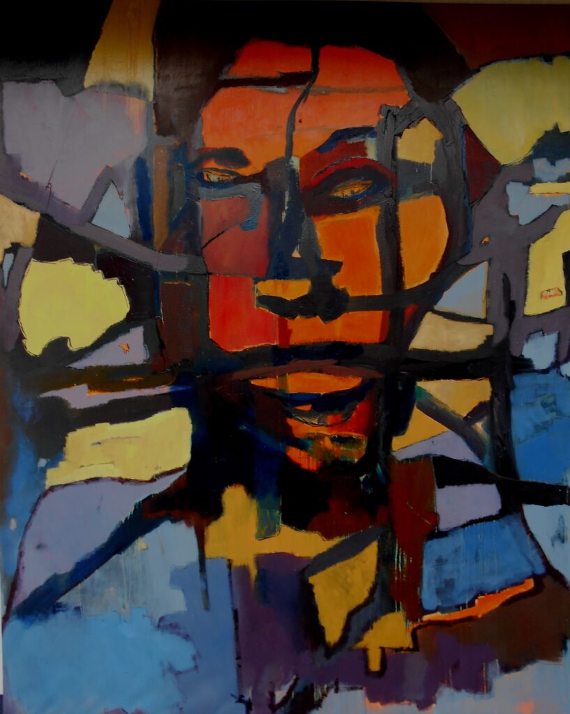 No. 302 Mål 215 x 195 cmcm Titel: Face mosaik Olie på masonite incl. svæveramme sort/sølv Pris kr. 25.000