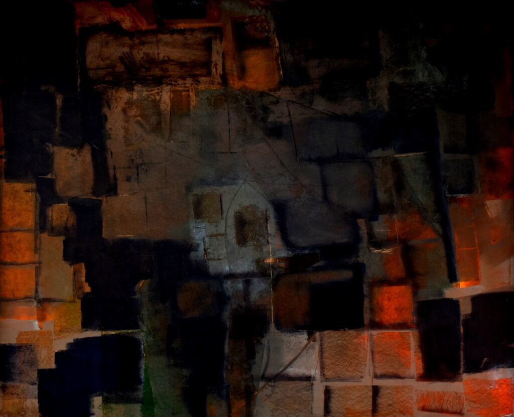 No. 319 Mål 122x122cm Titel: Town mosaik Olie på masonite incl. svæveramme sort/sølv Pris kr. 12.000/Euro 2.020