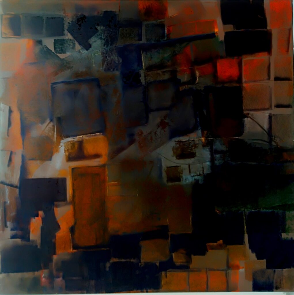 No. 319 Mål 122x122cm Titel: Town mosaik Olie på masonite incl. svæveramme sort/sølv Pris kr. 12.000/Euro 2.020