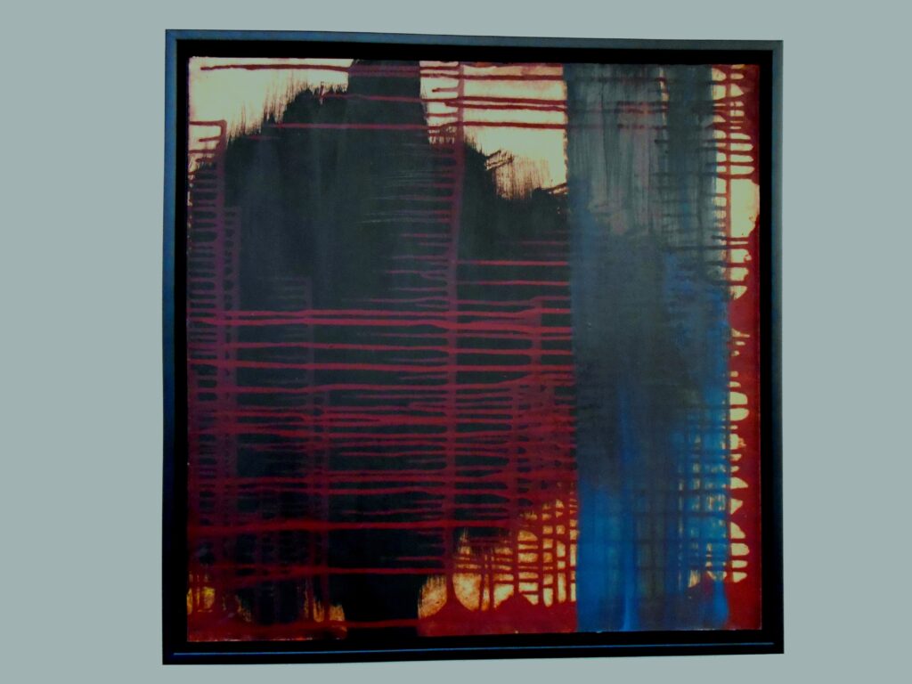 No. 360 Mål 61x61cm Titel: Striber i rødt Olie på masonite incl. svæveramme sort/sølv Pris kr. 4.000/Euro 535