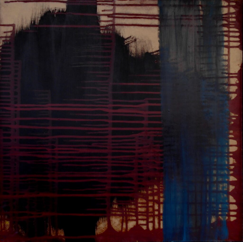 No. 360 Mål 61x61cm Titel: Striber i rødt Olie på masonite incl. svæveramme sort/sølv Pris kr. 4.000/Euro 535