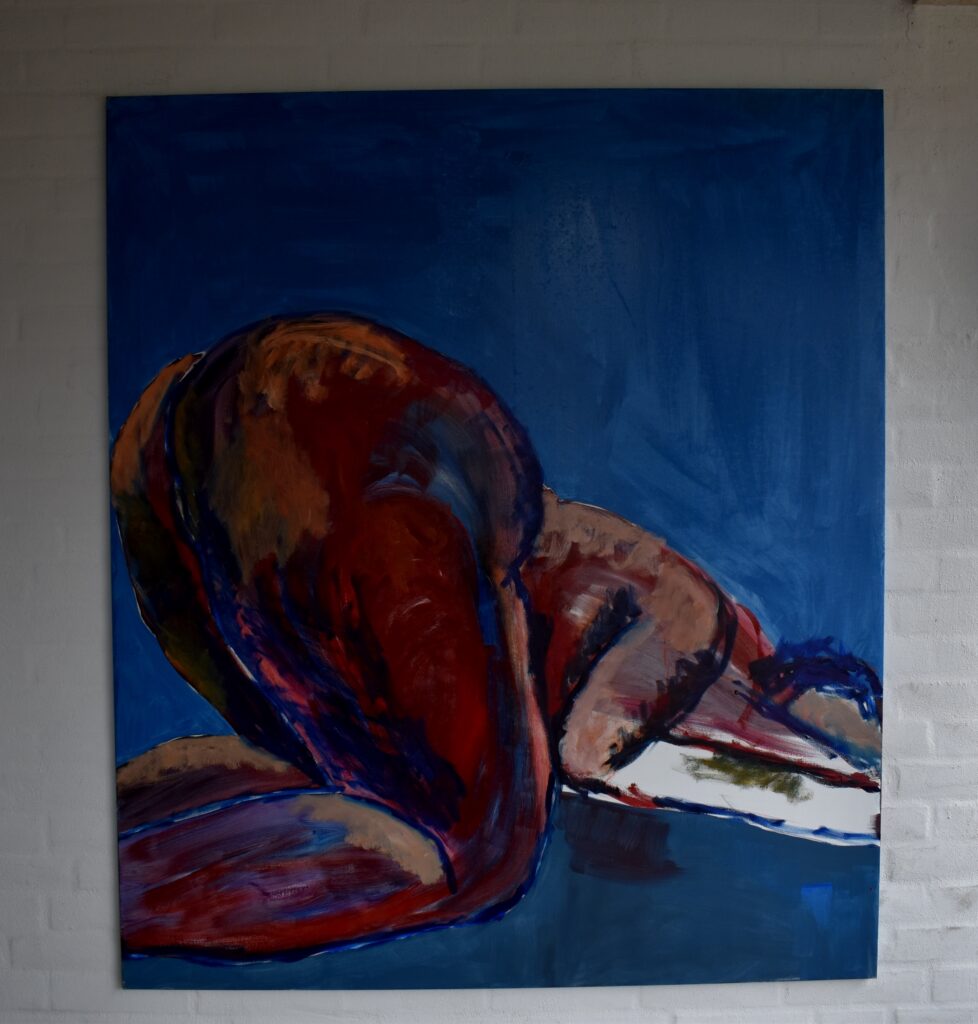 No. 410 Mål 140x120cm Titel: modelbagfra Olie på lærred incl. svæveramme sort/sølv Pris kr. 14.000/Euro 2.020