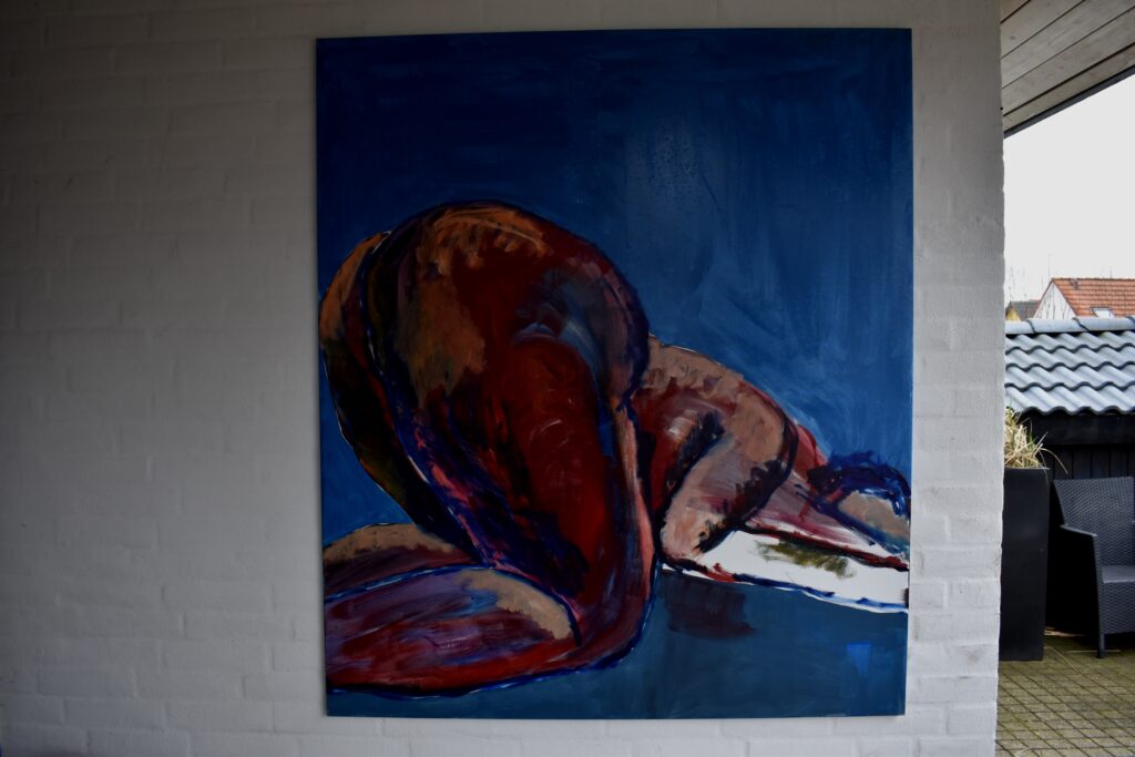 No. 410 Mål 140x120cm Titel: modelbagfra Olie på lærred incl. svæveramme sort/sølv Pris kr. 14.000/Euro 2.020