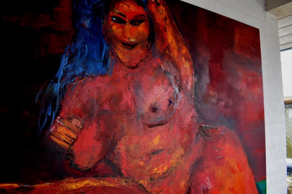 No. 412 Mål 140x120cm Titel: model i front Olie på lærred incl. svæveramme sort/sølv Pris kr. 14.000/Euro 2.020