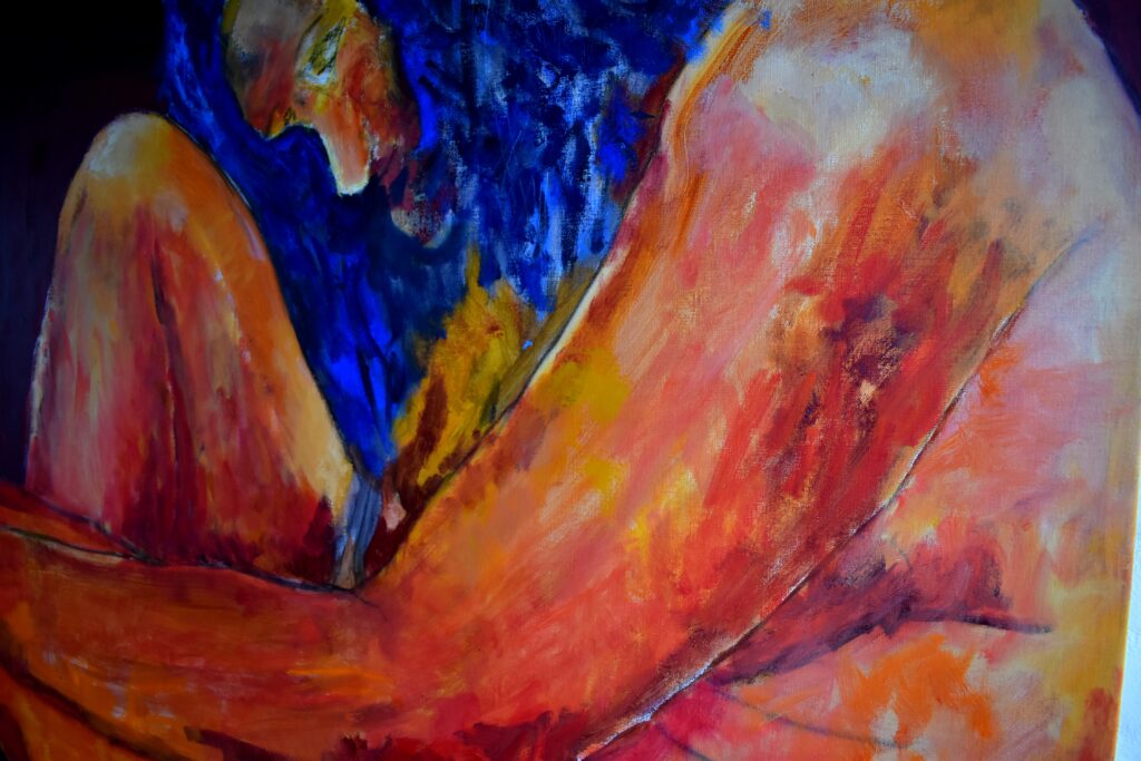 No. 413 Mål 140x120cm Titel: model siddende Olie på lærred incl. svæveramme sort/sølv Pris kr. 14.000/Euro 2.020