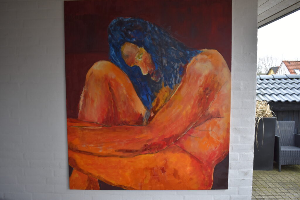No. 413 Mål 140x120cm Titel: model siddende Olie på lærred incl. svæveramme sort/sølv Pris kr. 14.000/Euro 2.020