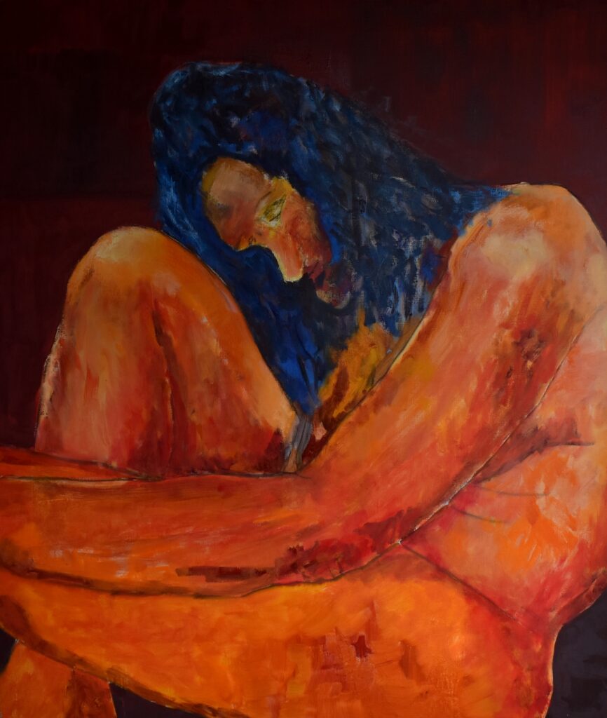 No. 413 Mål 140x120cm Titel: model siddende Olie på lærred incl. svæveramme sort/sølv Pris kr. 14.000/Euro 2.020