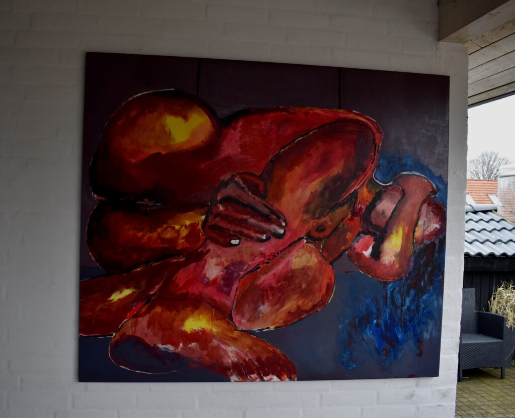 No. 414 Mål 140x120cm Titel: model liggende på siden Olie på lærred incl. svæveramme sort/sølv Pris kr. 14.000/Euro 2.020