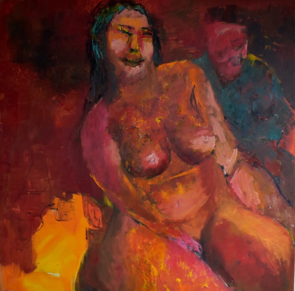 No. 416 Mål 100x100cm Titel: model siddende Olie på lærred incl. svæveramme sort/sølv Pris kr. 10.000/Euro 2.020