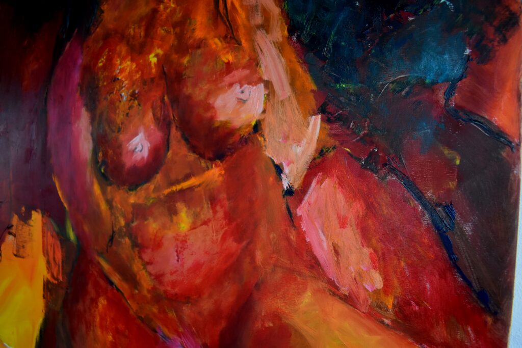 No. 416 Mål 100x100cm Titel: model siddende Olie på lærred incl. svæveramme sort/sølv Pris kr. 10.000/Euro 2.020