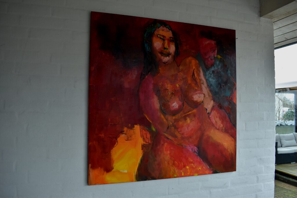No. 416 Mål 100x100cm Titel: model siddende Olie på lærred incl. svæveramme sort/sølv Pris kr. 10.000/Euro 2.020
