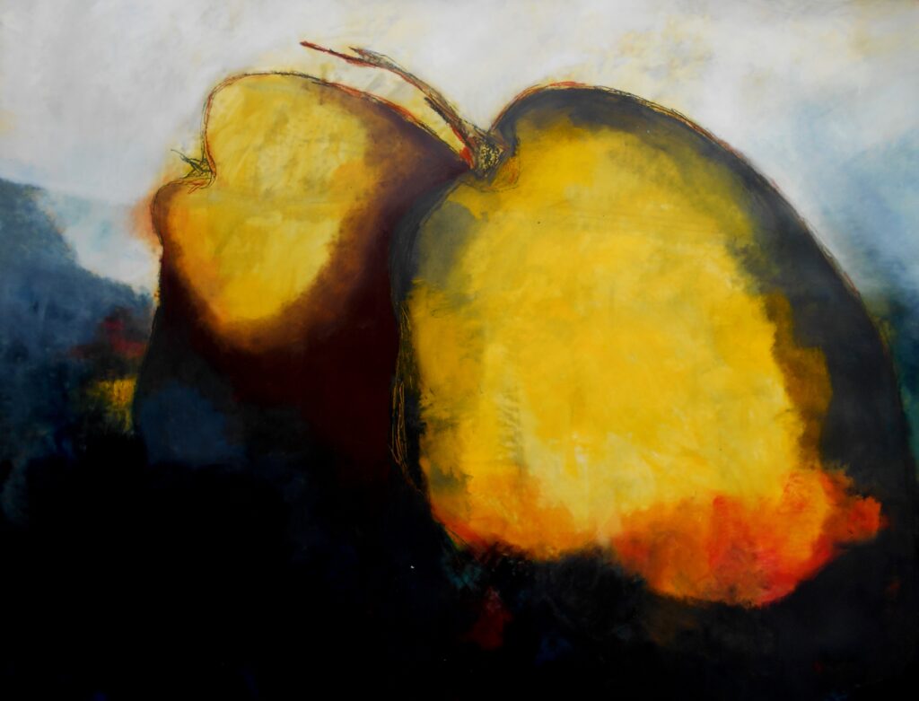 No. 273 Mål 180x150cm Titel: Pærer Olie på kraftig malerpapir som pålimes fiberplade incl. svæveramme sort/sølv Pris kr. 21.000/Euro 2.810