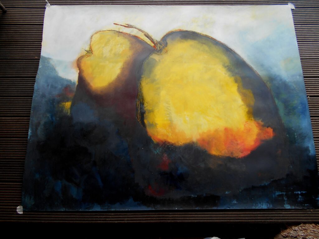 No. 273 Mål 180x150cm Titel: Pærer Olie på kraftig malerpapir som pålimes fiberplade incl. svæveramme sort/sølv Pris kr. 21.000/Euro 2.810