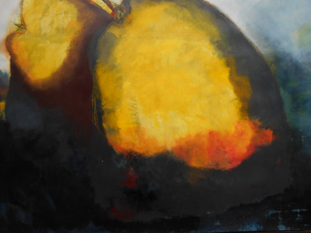 No. 273 Mål 180x150cm Titel: Pærer Olie på kraftig malerpapir som pålimes fiberplade incl. svæveramme sort/sølv Pris kr. 21.000/Euro 2.810