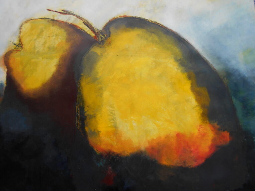 No. 273 Mål 180x150cm Titel: Pærer Olie på kraftig malerpapir som pålimes fiberplade incl. svæveramme sort/sølv Pris kr. 21.000/Euro 2.810