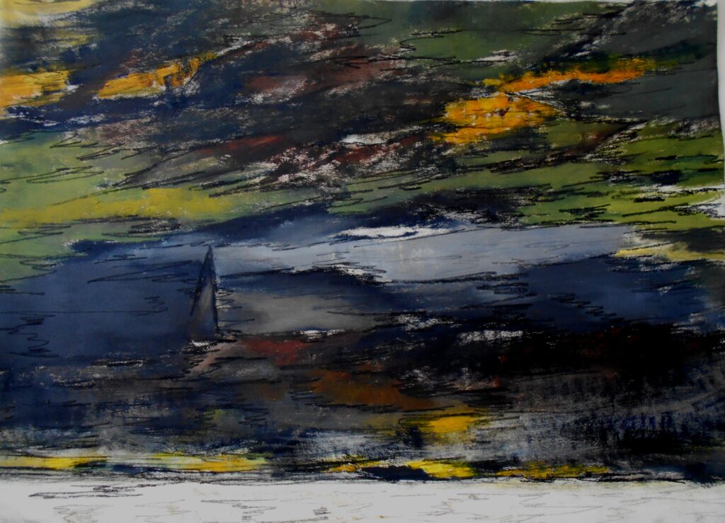 No. 282 Tittel: Untittle Størrelse: h. 78cm x b. 107 cm Materiale: Oil on paper Indramning: Svæveramme sølv/sort Pris: dkr. 7.000 Euro 935