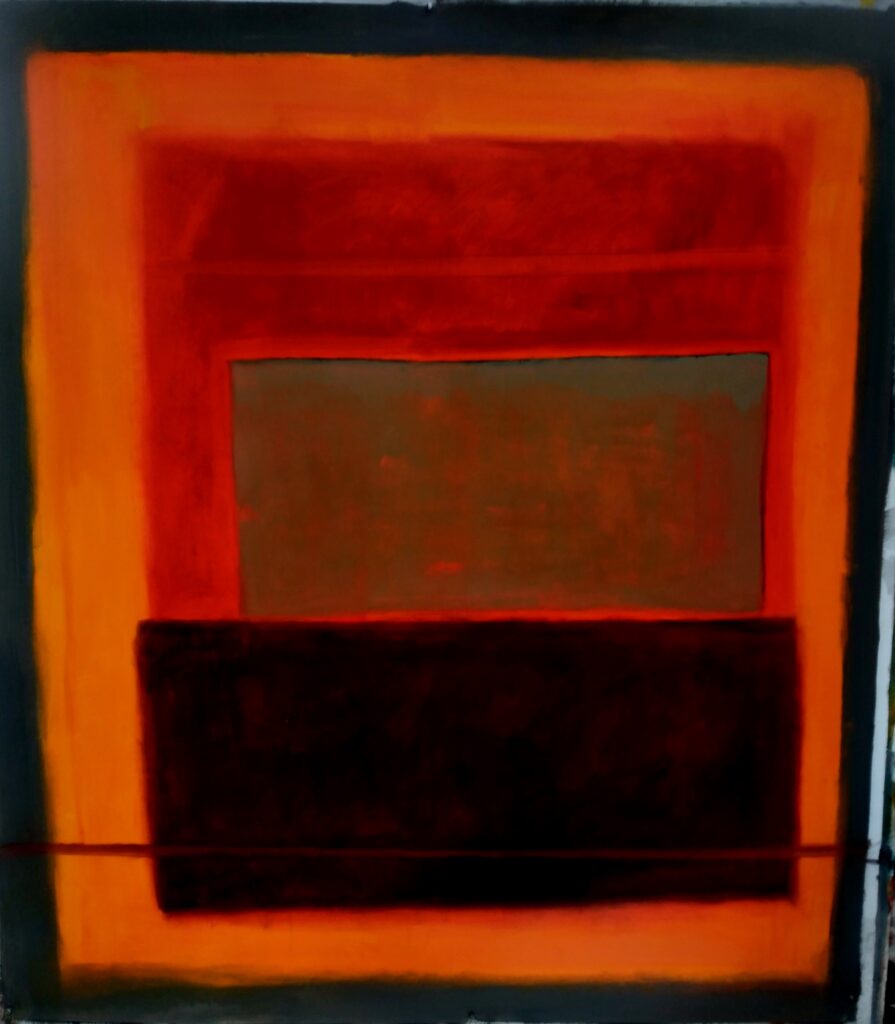 No. 274 Tittel: Rotho Størrelse: h. 180 cm x b. 150 cm Materiale: Oil on malerpapir limet på en fiberplade Indramning: Svæveramme sølv/sort Pris: dkr. 21.000 Euro 2.810
