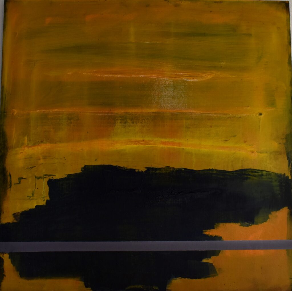 No. 339 Tittel: Gul ved afgrænsning Størrelse: h. 61cm x b. 61 cm Materiale: Oil on camasonite Indramning: Svæveramme sølv/sort Pris: dkr. 4.000 Euro 535
