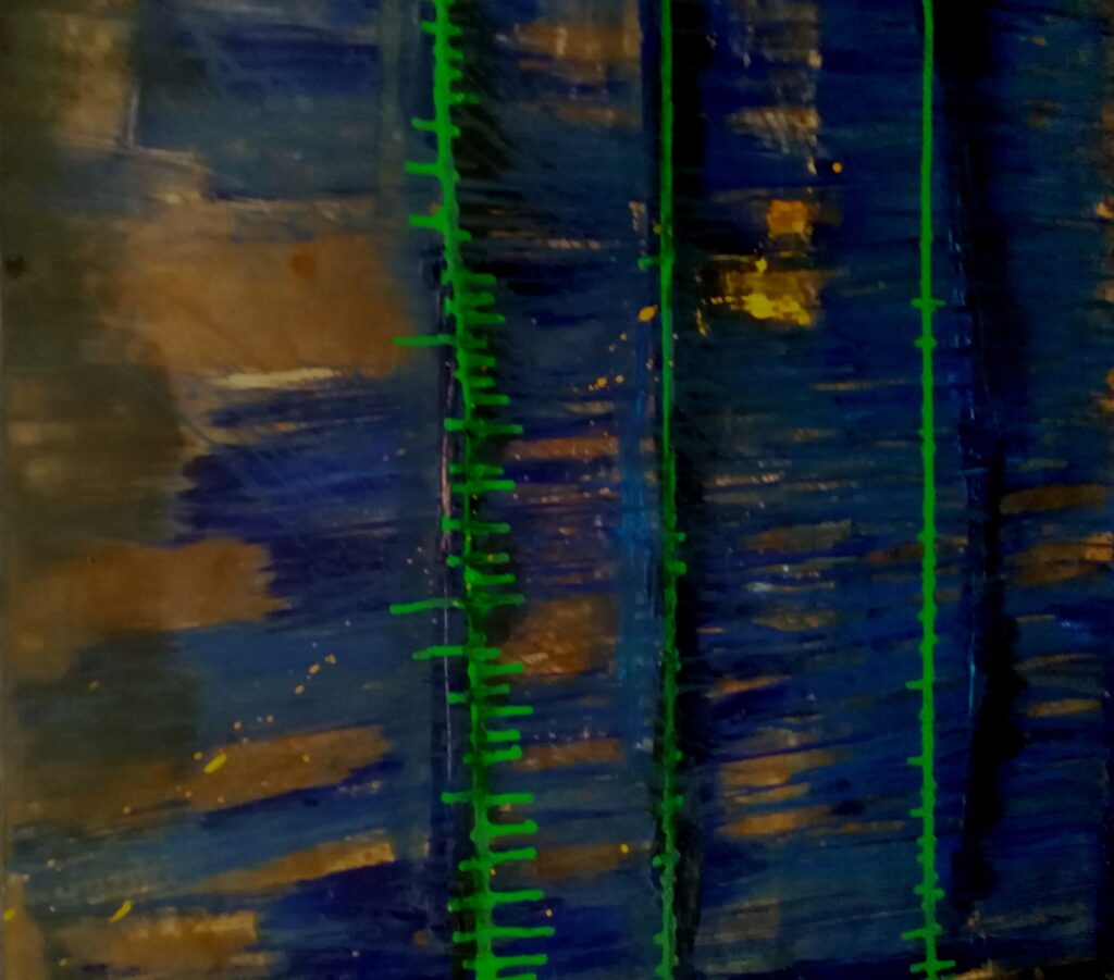 No. 341 Tittel: Grønne spejlinger Størrelse: h. 61cm x b. 61 cm Materiale: Oil on camasonite Indramning: Svæveramme sølv/sort Pris: dkr. 4.000 Euro 535