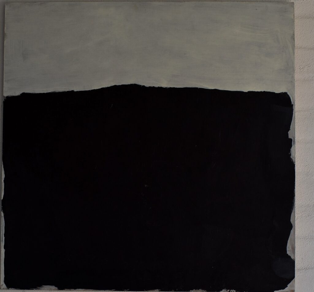 No. 365 Tittel: Sort i hvidt Størrelse: h. 61cm x b. 61 cm Materiale: Oil on camasonite Indramning: Svæveramme sølv/sort Pris: dkr. 4.000 Euro 535