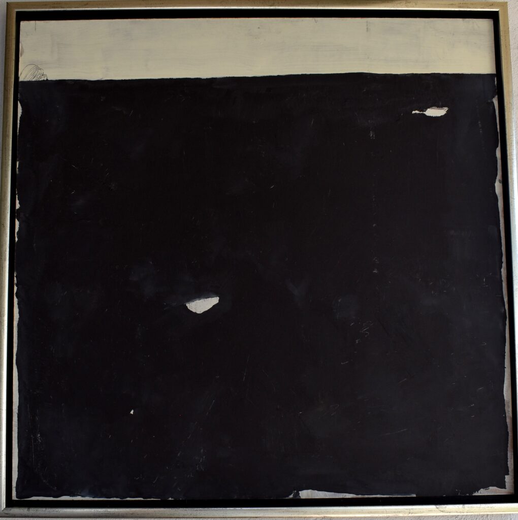 No. 367 Tittel: Sort med hvidt Størrelse: h. 61cm x b. 61 cm Materiale: Oil on camasonite Indramning: Svæveramme sølv/sort Pris: dkr. 4.000 Euro 535