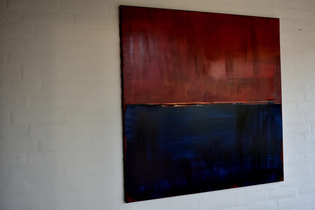 No. 391 Mål 100x100cm Titel: Overgang Olie på lærred incl. svæveramme sort/sølv Pris kr. 10.000/Euro 1.34