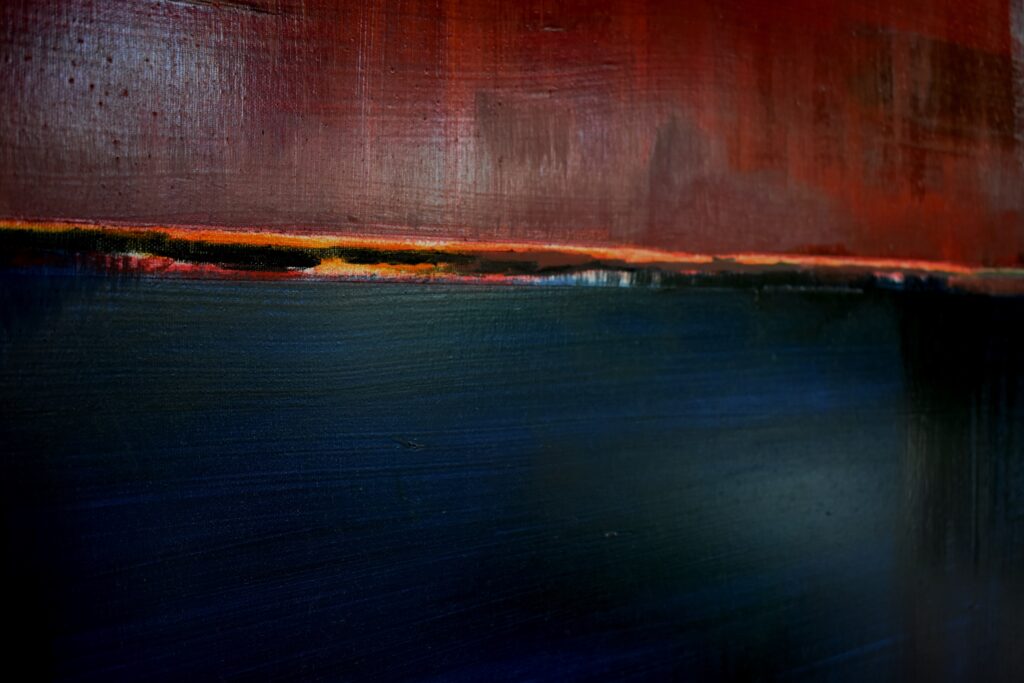 No. 391 Mål 100x100cm Titel: Overgang Olie på lærred incl. svæveramme sort/sølv Pris kr. 10.000/Euro 1.34