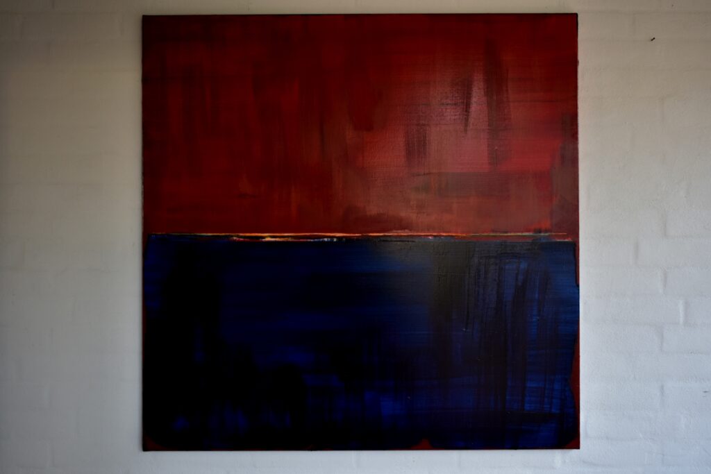 No. 391 Mål 100x100cm Titel: Overgang Olie på lærred incl. svæveramme sort/sølv Pris kr. 10.000/Euro 1.34