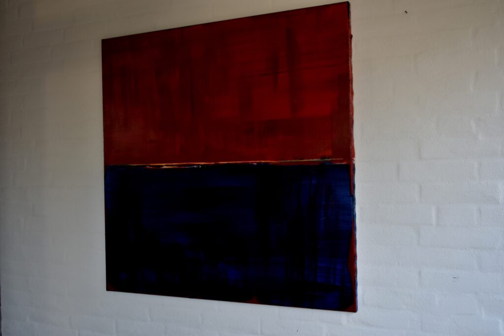 No. 391 Mål 100x100cm Titel: Overgang Olie på lærred incl. svæveramme sort/sølv Pris kr. 10.000/Euro 1.34
