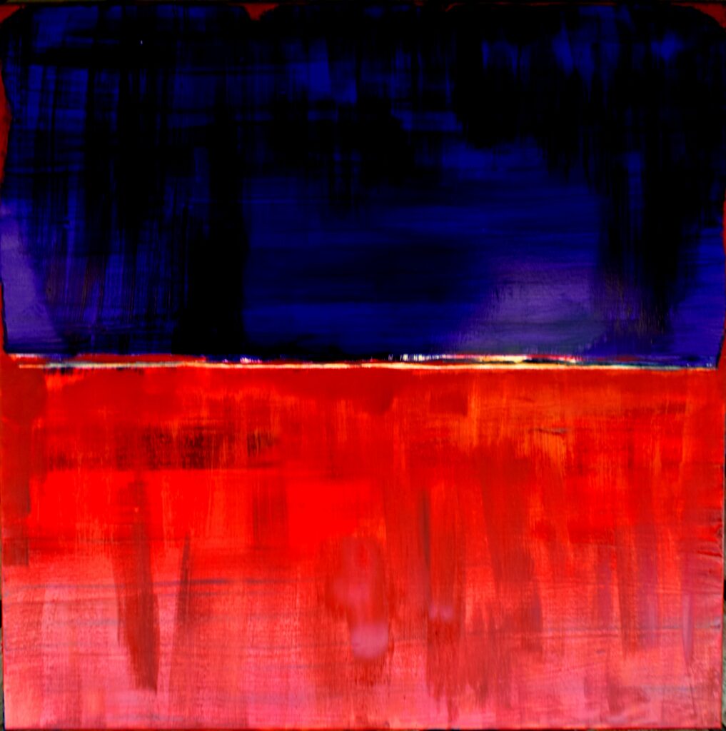 No. 392 Mål 100x100cm Titel: Indsigt Olie på lærred incl. svæveramme sort/sølv Pris kr. 10.000/Euro 1.34
