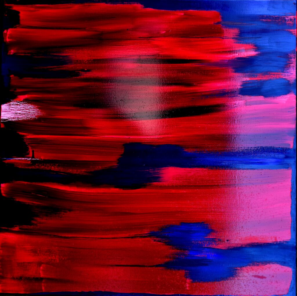 No. 393 Mål 100x100cm Titel: havrødt Olie på lærred incl. svæveramme sort/sølv Pris kr. 10.000/Euro 1.34