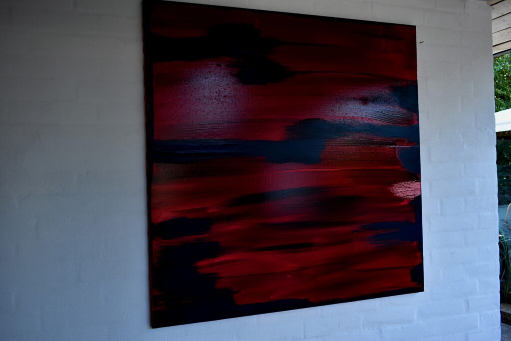 No. 393 Mål 100x100cm Titel: havrødt Olie på lærred incl. svæveramme sort/sølv Pris kr. 10.000/Euro 1.340