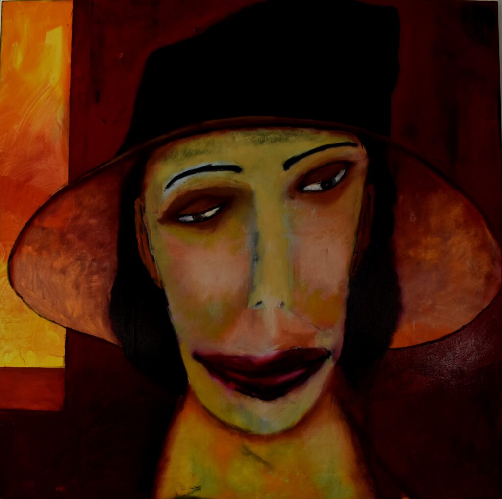 No. 424 Mål 100x100cm Titel: Face Olie på lærred incl. svæveramme sort/sølv Pris kr. 10.000/Euro 1.340